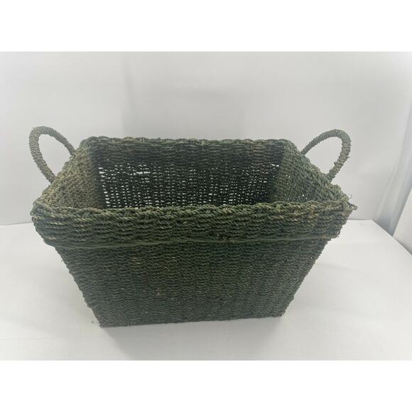 Vintage Jute Wicker Rattan Magazine Rack Handled Holder MCM Book Storage Basket - Picture 3 of 12